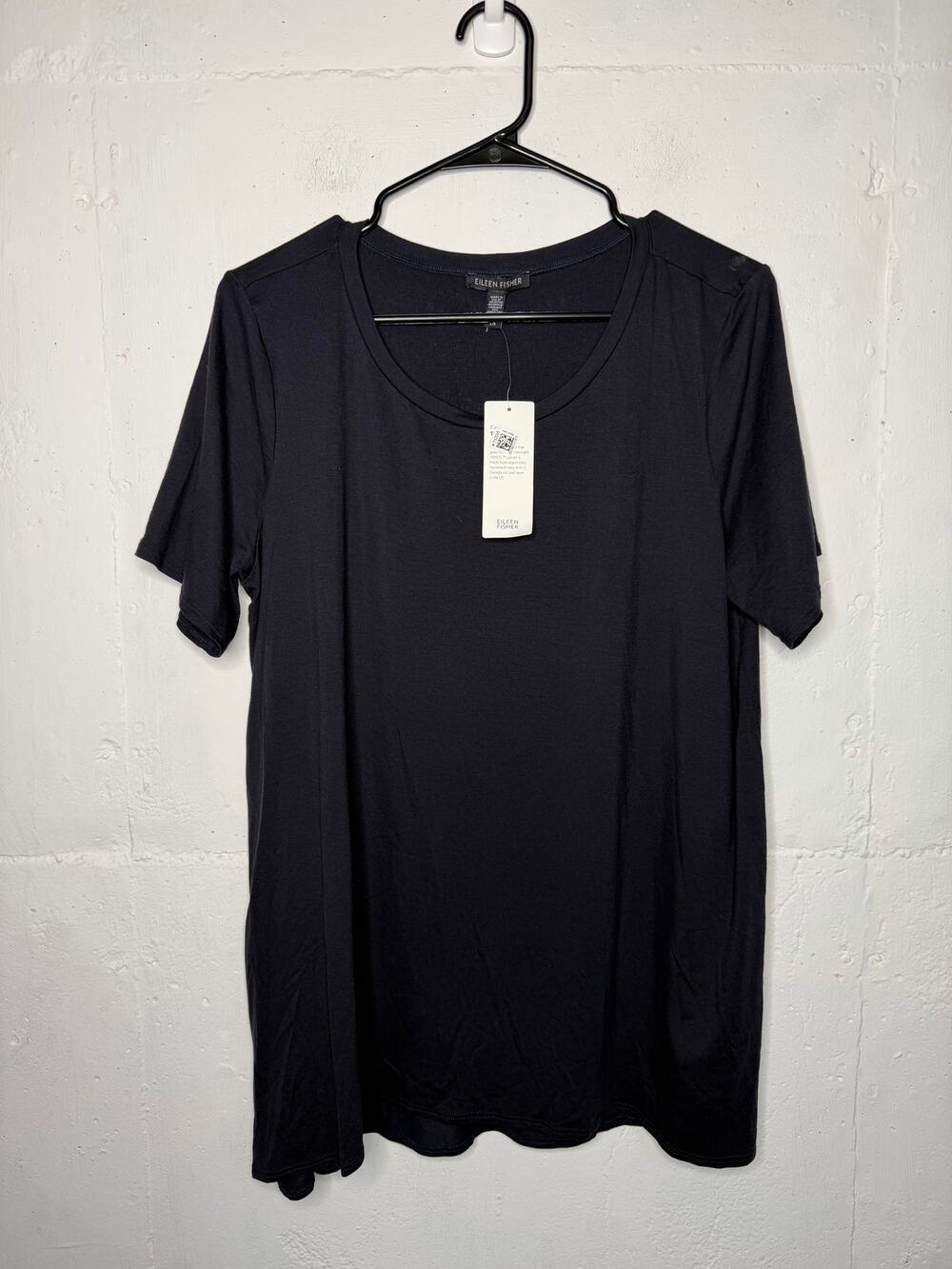 NEW Eileen Fisher Womens Black Fine Tencel Jersey Jewel Neck Top Size Large